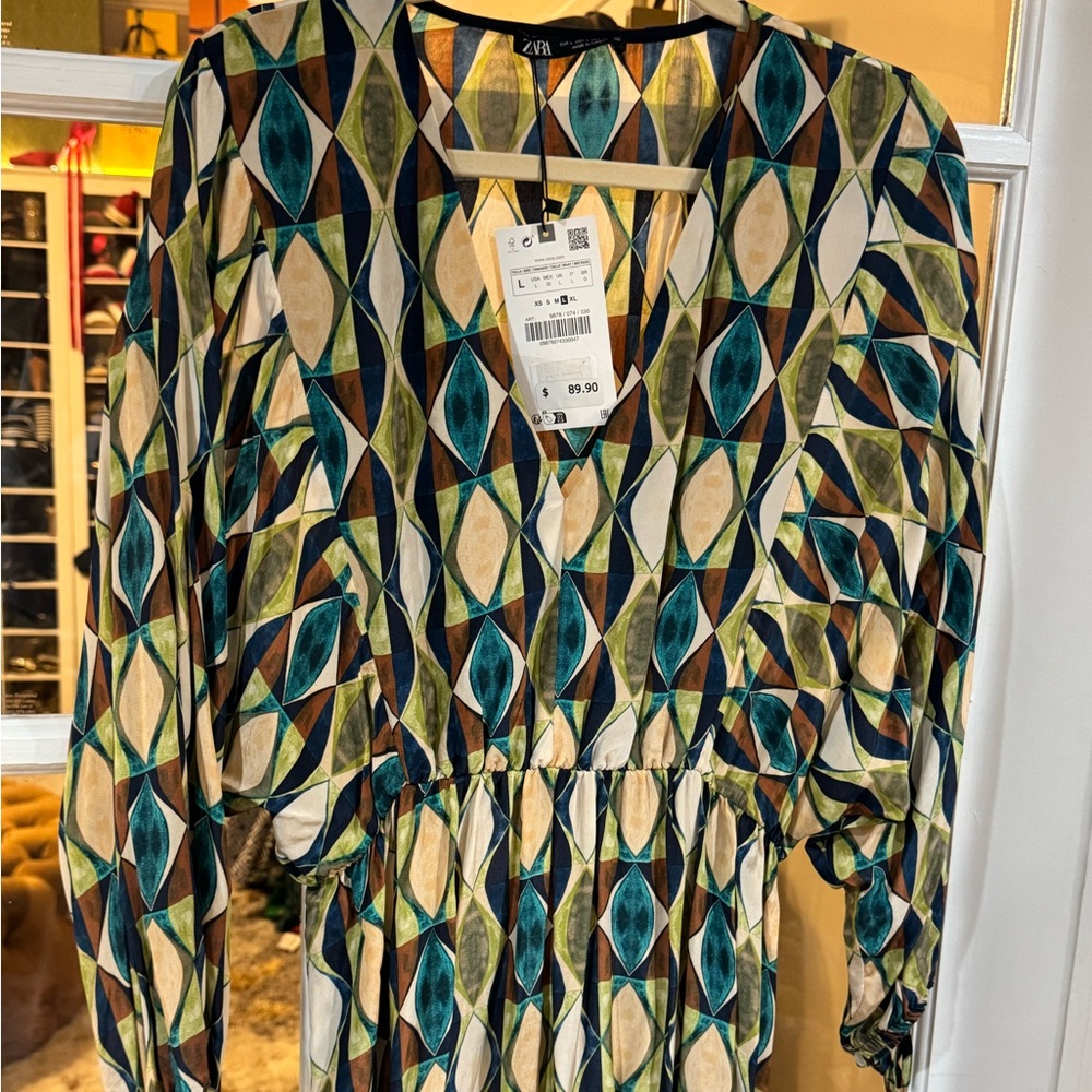 Zara Multicolor Geometric Maxi Dress in Teal, Navy & Cream - Picture 5 of 7
